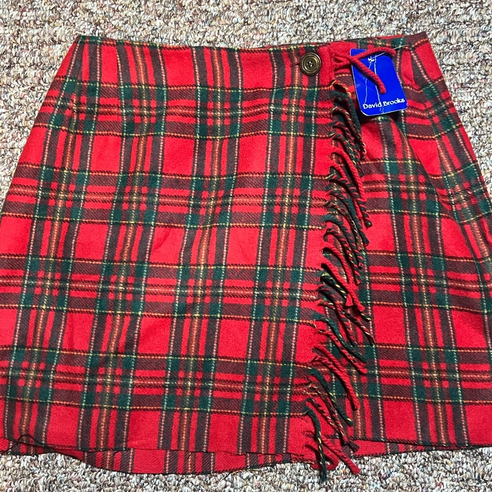 David Brooks Red Plaid Wool Fringe Skirt Preppy